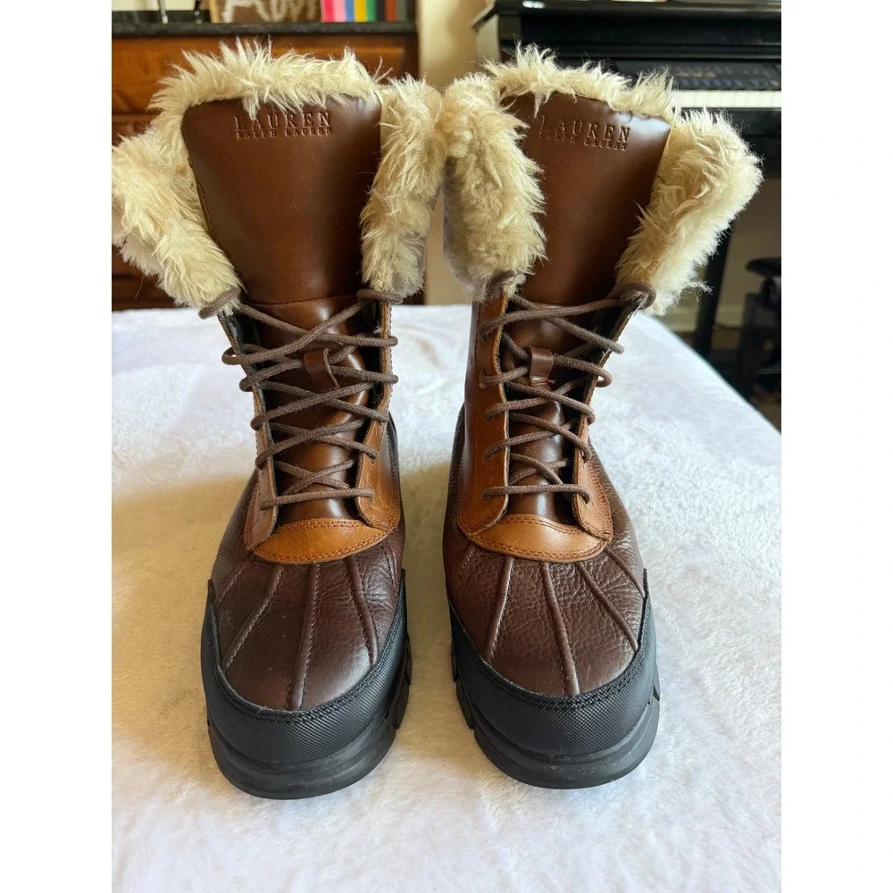 Lauren Ralph Lauren Quinta Shearling Duck Boots Womens 8.5B Tan Brown Leather